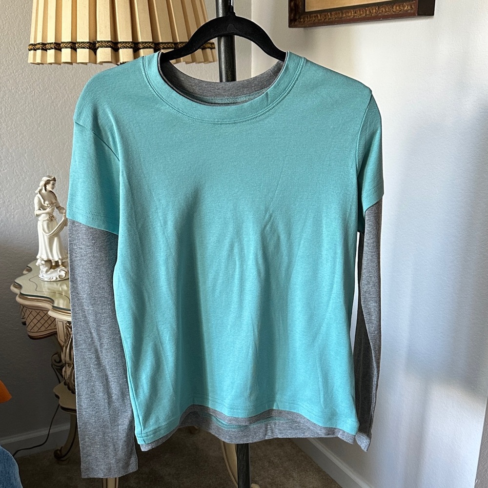 Gray and Blue Long Sleeve Women's Top